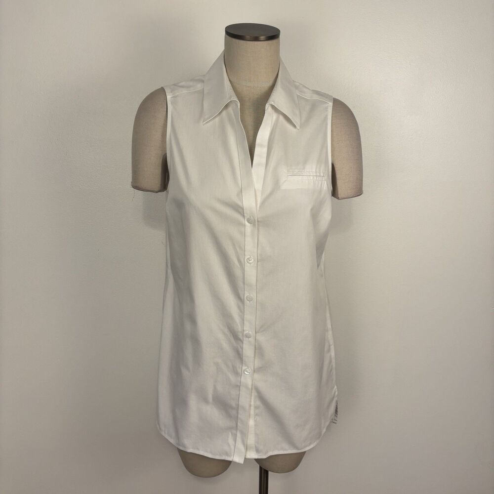 Foxcroft Women's 10 Shaped No Iron Collared Sleeveless Shirt White Button Up